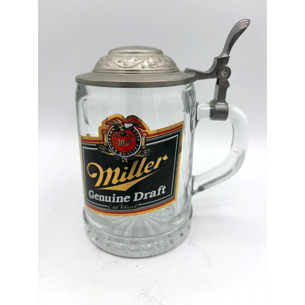 Vintage MILLER Genuine Draft 80s W. Germany ALWE Stein Pewter Hinged Lid
